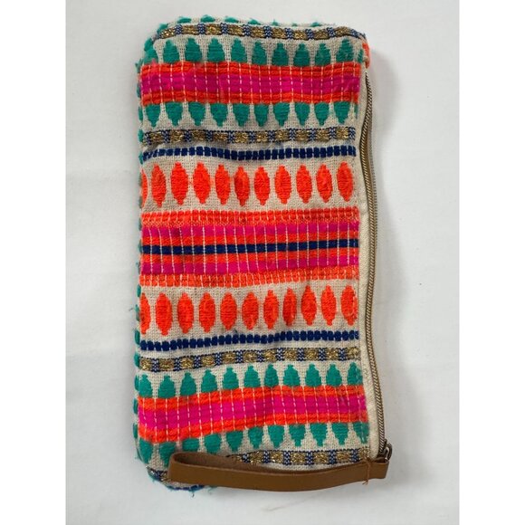 Handmade Tribal-Inspired Multicolor Cotton Canvas Clutch With Zipper & Leather S - Picture 9 of 16